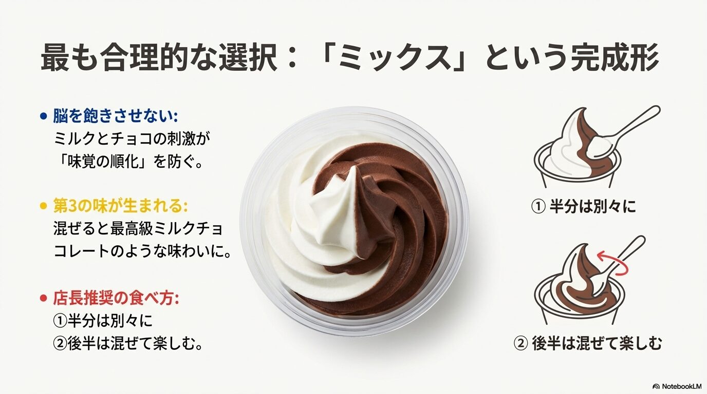 ミルクとチョコが味覚の順化を防ぎ、第3の味を生み出すミックスソフトの魅力と、店長推奨の「後半に混ぜる」食べ方の図解