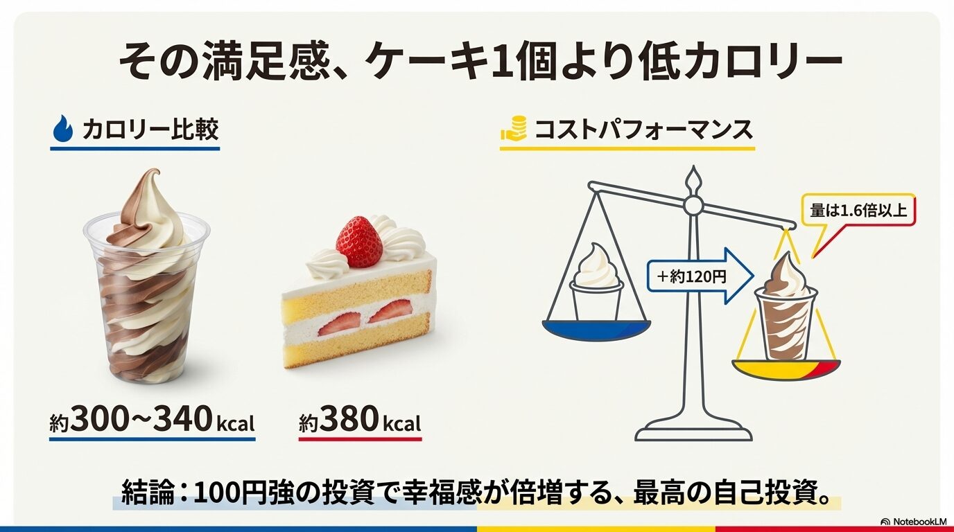 特盛ソフトがケーキ1個より低カロリーであることの比較と、120円の投資で量が1.6倍以上になるコストパフォーマンスを説明する比較図