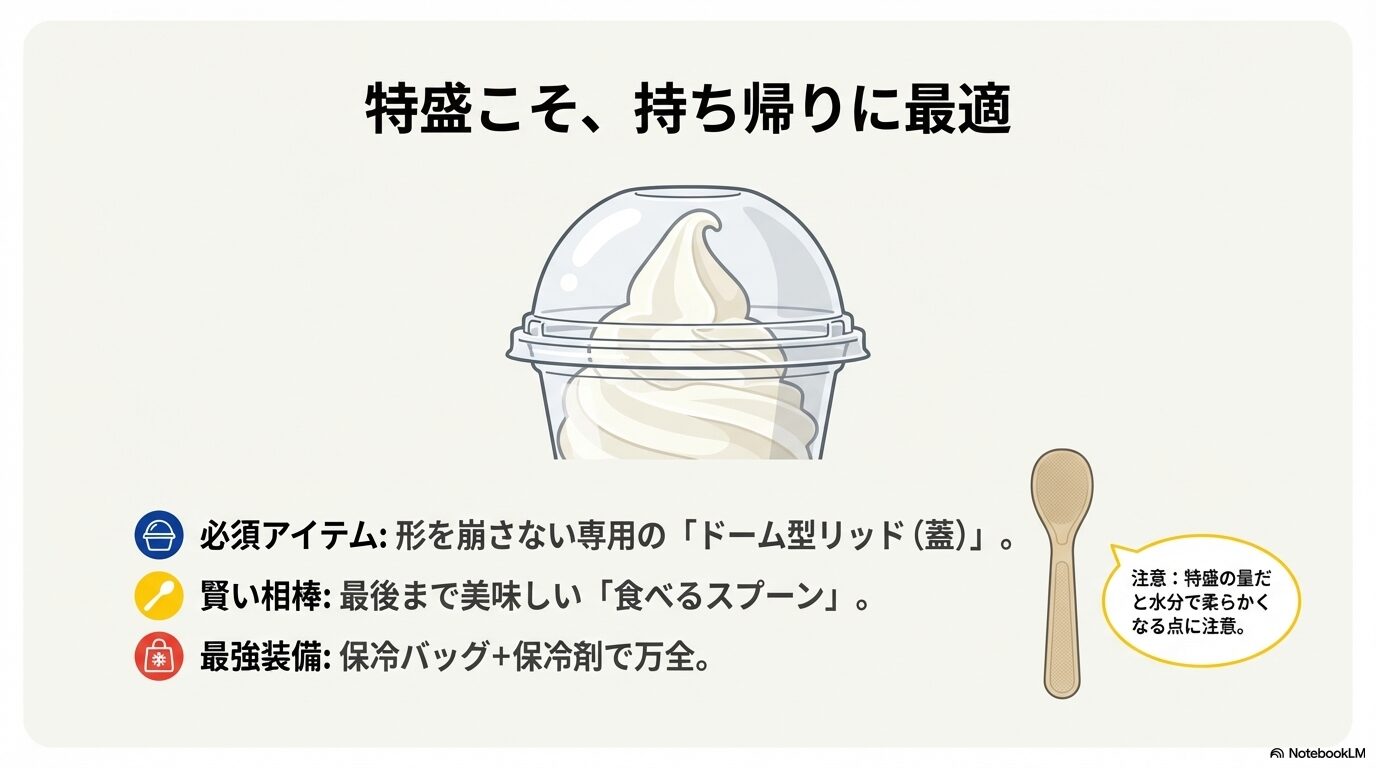特盛ソフトのテイクアウトに必須なドーム型リッド（蓋）と、食べるスプーン、保冷バッグ等の持ち帰り装備を解説したスライド