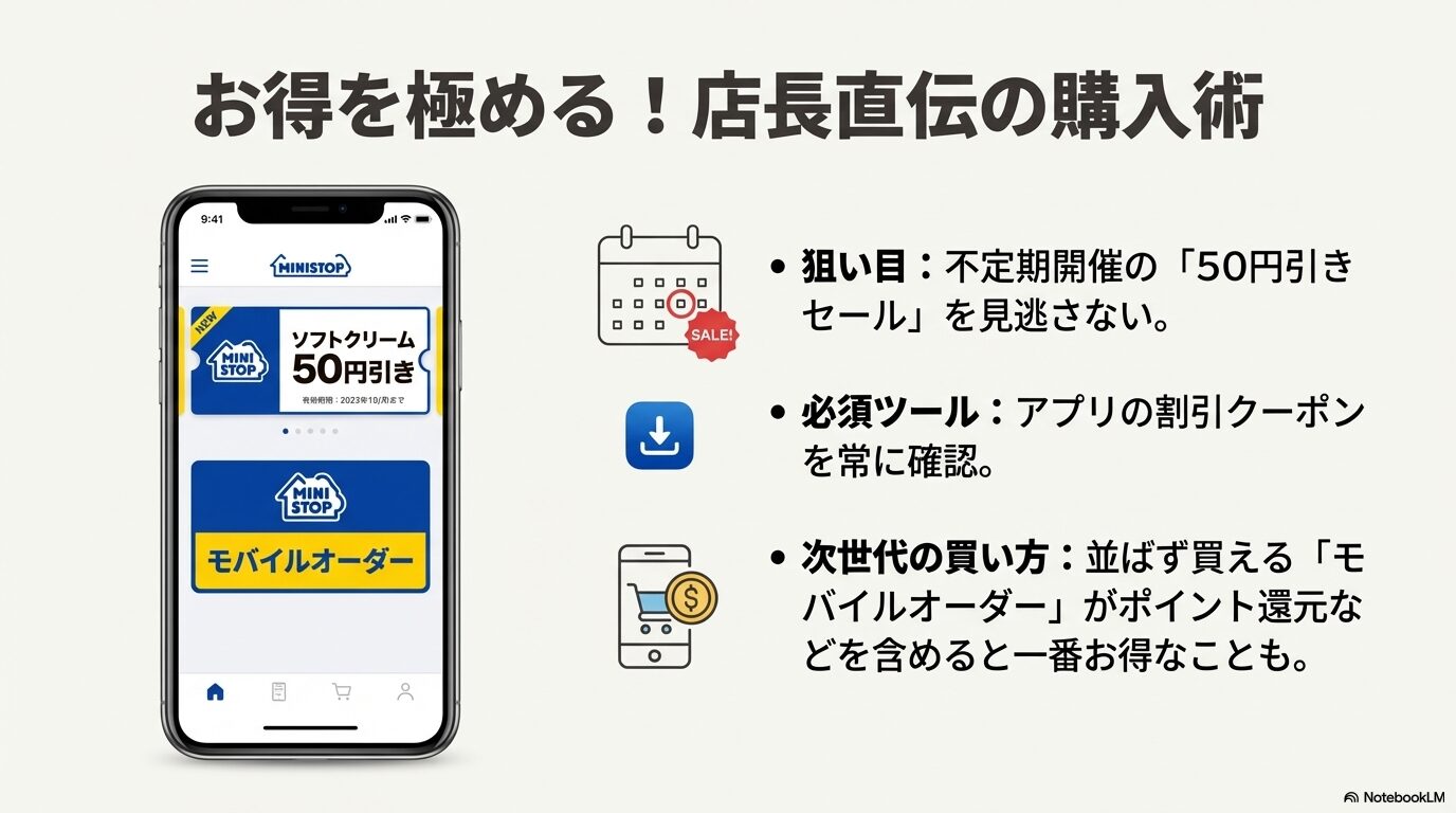 50円引きセール、アプリの割引クーポン、並ばず買えてポイントも貯まるモバイルオーダーなどのお得な購入方法をまとめたスマホ画面イメージ